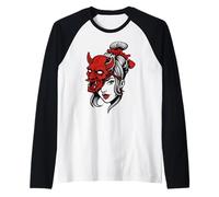 Maschera giapponese audace Oni con espressione feroce Maglia con Maniche Raglan
