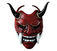 Maschera giapponese Hannya, maschera Samurai Maschera di Samurai Full Face Scary con zanne e maschera del diavolo horror di corno di bue con fascia elastica per costumi in maschera di Halloween, ross