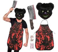 Maschera Halloween Horror, Costume da Halloween, Maschera Orso di Peluche Spaventoso, Grembiule Insanguinato, Cicatrice Tatuaggio, Maschera Animale Horror per Carnevale Cosplay Adulto Bambino