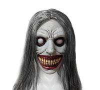 Maschera horror per Halloween, maschera di Halloween con sorriso esorcista, maschera in lattice horror per tutta la testa con capelli, maschera in lattice raccapricciante per adulti, maschere
