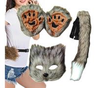 Maschera in pelliccia | Kit maschera per costume animale con pelliccia | Mezza copertura viso in finto lupo set zampe e coda in pelliccia, kit di costumi in pelliccia per Halloween, compleanno
