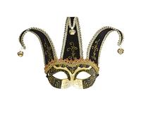 Maschera jolly nera decorata con glitter oro e nero con campanelline da adulto