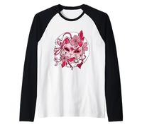 Maschera Kitsune Bianca estetica Giapponese con Fiori di ciliegio Maglia con Maniche Raglan