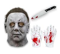 Maschera Michael Myers - maschera Halloween Michael Myers in lattice con capelli, coltello finto Halloween e guanti, unisex testa intera horror per cosplay, carnevale e feste a tema (Grigio)