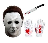 Maschera Michael Myers - maschera Halloween Michael Myers in lattice con capelli, coltello finto Halloween e guanti, unisex testa intera horror per cosplay, carnevale e feste a tema (1978)