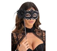 Maschera nera in tessuto con fiore e bastoncino