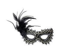 Maschera nero con rosa, piume e accenti d'oro da donna