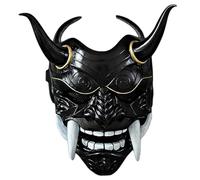 Maschera Oni, Maschera Hannya giapponese in lattice a piena spazzatura con zanne e corno di bue, maschere del diavolo horror 11x9.5 per Halloween, oggetti di scena cosplay, nero |.giappones