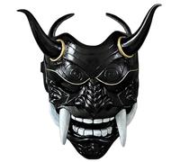 Maschera Oni, maschera Hannya giapponese in lattice, Maschera samurai a faccia piena spaventosa con zanne e corno di bue, maschera del diavolo horror con fascia elastica per Halloween, mascherata, og