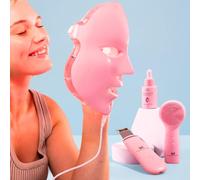 Maschera per il viso a LED per terapia della luce, kit spa (4 pezzi) - con scrubber ad ultrasuoni, spazzola ad ultrasuoni e siero al tè verde - 7 colori (blu e rosso) maschera per terapia della luce -