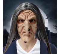 Maschera per le streghe, maschera da strega di Halloween, malvagia vecchia rugosa con capelli lunghi e naso, lattice spaventoso con buchi di ventilazione di una taglia più adatta per il cosplay di Ha