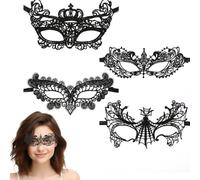 Maschera Pizzo Nera - 4 Pezzi Maschera Sexy per Donna, Occhi e Viso - Per Halloween, Carnevale, Cosplay, Feste
