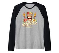 Maschera Tiki Aloha Hawaii Hibiscus Torch Tropical Island Vibes Maglia con Maniche Raglan