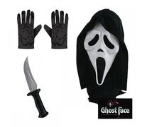 Maschera ufficiale Scream/Ghost Face® per adulti con cappuccio e coltello horror + guanti neri: set di accessori per travestimento da uomo e da donna