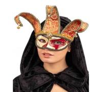 Maschera veneziana jolly rossa in plastica con campanelli e tessuto damascato
