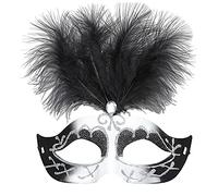 Maschera veneziana nera e bianca con glitter, gemma e piume da donna