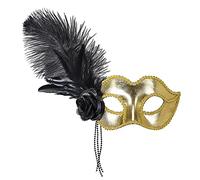 Maschera veneziana oro con rosa, perline e piume da donna