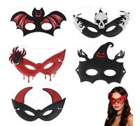 Maschere Halloween Glitter Set 5 Occhi Feltro Pipistrello Ragno Teschio | Tessuto non tessuto con glitter fissati a ultrasuoni, non macchia il trucco, bordi lisci, elastico regolabile per