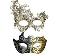 Maschere Veneziane 2 Pezzi per Coppia, Maschera Veneziana Donna Uomo | Maschera effetto pelle nera con orecchie da gatto, borchie argentate e aperture occhi ampie per feste e foto