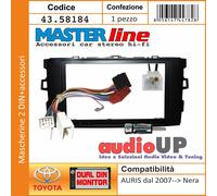 MASCHERINA AUTORADIO 2 DIN AURIS DAL 2007 IN POI. ADATTATORE NERO CON CABLAGGIO.
