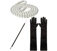 Maschietta Set 1920S Donna Charleston Sigaretta Supporto Perle Perline Nero