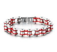 Maschile Catena di Bicicletta Moto Bracciale da Uomo, Acciaio Inossidabile, Rosso Argento Due Toni Lucidato a Specchio