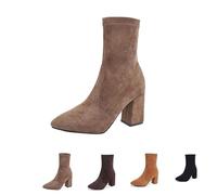 MASHANGGOU Chunky Heeled Boots for Women, Suede Pointed Toe Non-Slip Slip-On Fall Short Boot for Everyday, Formal, Party, cachi, 36/46 EU