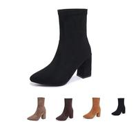 MASHANGGOU Chunky Heeled Boots for Women, Suede Pointed Toe Non-Slip Slip-On Fall Short Boot for Everyday, Formal, Party, Nero , 37/46 EU