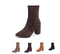MASHANGGOU Chunky Heeled Boots for Women, Suede Pointed Toe Non-Slip Slip-On Fall Short Boot for Everyday, Formal, Party, marrone, 35/46 EU
