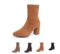 MASHANGGOU Chunky Heeled Boots for Women, Suede Pointed Toe Non-Slip Slip-On Fall Short Boot for Everyday, Formal, Party, caramello, 38/46 EU