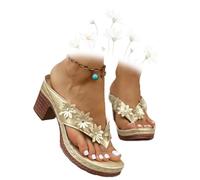 MASHANGGOU Chunky Sandals for Women, Chic Arch Support Floral Wedge Flip Flops Sandals Outings Slip on Heeled Sandal for Beach Travel Casual, gold, 40 EU Larga