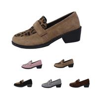 MASHANGGOU Donna Leopard-Print Suede Block-Heel Loafers, elegante Retro Pointed Toe Classic Slip-On Moccasins for Casual Work, cachi, 38 EU