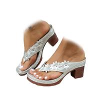 MASHANGGOU Sandali da donna Solid Color Summer Chunky Heel Casual Mid Heels Flip Flops Slip on Open Toe Square Toe Comfort Heeled Sandals, Silver Flowers, 39 EU