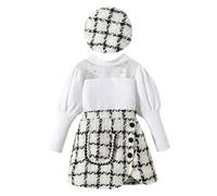 Maskjuwio - Abiti per ragazze, con maniche a bolle, top con glitter e gonna irregolare con motivo a quadri, abiti da ragazza con cappello Penaten Set neonato, beige., 4-5 Jahre