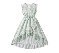 Maskjuwio Abito da ragazza primavera e scollo a V in vita Abito lungo con volant elegante comodo abito casual divertente storie dell'Avvento, verde, 9-10 Jahre
