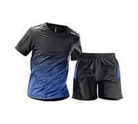 Maskjuwio Activewear - Set da uomo, girocollo, 2 pezzi, tuta da allenamento, a maniche corte, da jogging, con blocco colorato, tuta da corsa, traspirante, comoda, da jogging, taglie L-5XL, Blu, L