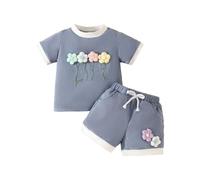 Maskjuwio Children's Clothing Summer Style Round Neck Contrast Color Short Sleeve Suit Three Flower 2 Pezzi Suit Halloween Costume Taglia 86, Blu marino, 3-4 Jahre