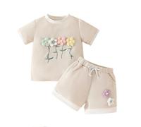 Maskjuwio Children's Clothing Summer Style Round Neck Contrast Color Short Sleeve Suit Three Flower 2 Pezzi Suit Halloween Costume Taglia 86, cachi, 2-3 Jahre