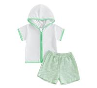 Maskjuwio Costume da bagno per ragazza, asciugamano con cerniera spessa, felpa con cappuccio, pantaloncini in seersucker, set con costumi da bagno da bagno da ragazzo 86, verde, 2-3 Jahre