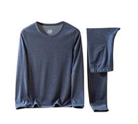 Maskjuwio Pigiama da uomo, lungo, invernale, in due pezzi, girocollo, in tinta unita, minimalista, confortevole, pigiameria, con tasca, morbido pigiama, per le giornate fredde, Blu, 4XL