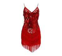 Maskjuwio Ragazze Paillettes Frange Abbigliamento Da Danza Latino Abbigliamento Da Danza Set Lucido Senza Maniche Nappa Gonna Da Danza, Colore: rosso, 150 cm