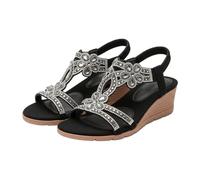 Maskjuwio Sandali bohémien da donna con zeppa con strass, sandali estivi da spiaggia, sandali larghi da passeggio, scarpe con cinturino tinta unita, scarpe romane retrò, scarpe casual senza lacci