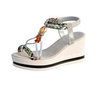 Maskjuwio Sandali da donna bohémien con zeppa romana, sandali con zeppa larga, sandali estivi da spiaggia, casual, comode, versatili, alla moda, scarpe da vacanza, leggere, ad arco, taglia 36-40