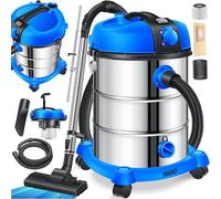 Masko® Aspirapolvere industriale, in acciaio inox, 2300 W + presa di corrente, aspirazione a secco e a umido, funzione di soffiaggio, Push&Clean, con e senza sacchetto, Blu