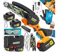 MASKO® Mini motosega con batteria da 8000 mAh | motosega elettrica con 2 batterie da 4000 mAh, potatura da potatura, motosega da 800 W, 6 Pollici - Nero/Arancione