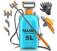 MASKO® Spruzzatore a pressione resistente agli acidi da 5L con ugelli regolabili e tubo da 1,3 m | Spruzzatore per protezione delle piante, giardino e auto | Pompa irroratrice con cinghia per il