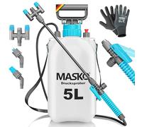MASKO® Spruzzatore a pressione resistente agli acidi da 5L con ugelli regolabili e tubo da 1,3 m | Spruzzatore per protezione delle piante, giardino e auto | Pompa irroratrice con cinghia per il