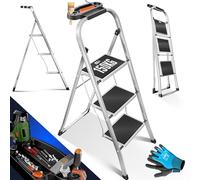 MASKO® Stepladder, Scaletta, Caricabile Fino a 150 kg, Antiscivolo, Inclusi Guanti, Vaschetta porta attrezzi e Dispositivo di bloccaggio Automatico, 3 Livelli - Grigio