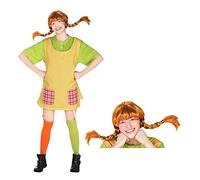Maskworld Pippi - Costume lungo da donna, 5 pezzi, con camicia, grembiule, calze e parrucche, travestimento di carnevale, feste con licenza ufficiale