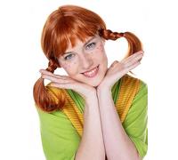 Maskworld Pippi - Parrucca lunga deluxe, capelli rossi con 2 trecce, accessorio di alta qualità per carnevale, Halloween e feste a tema